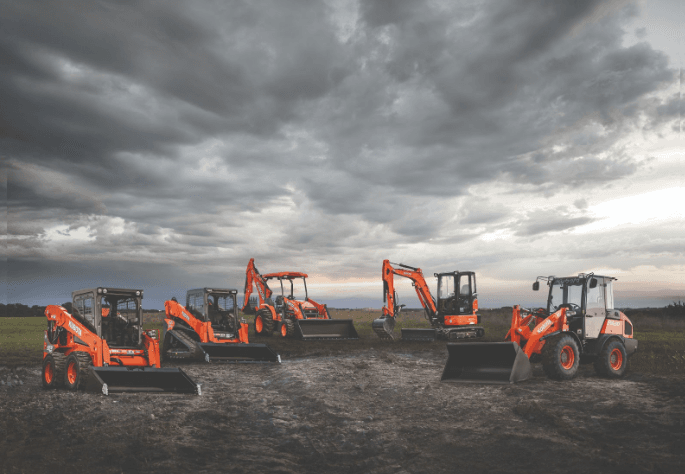 Lineup of Kubota construction equipment