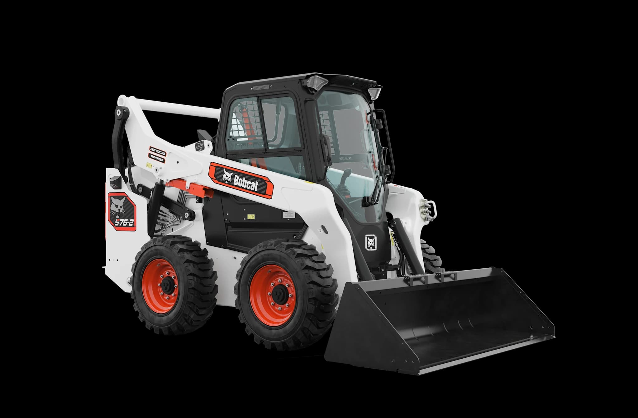 Bobcat S76-2 skid steer loader with bucket attachment on white background